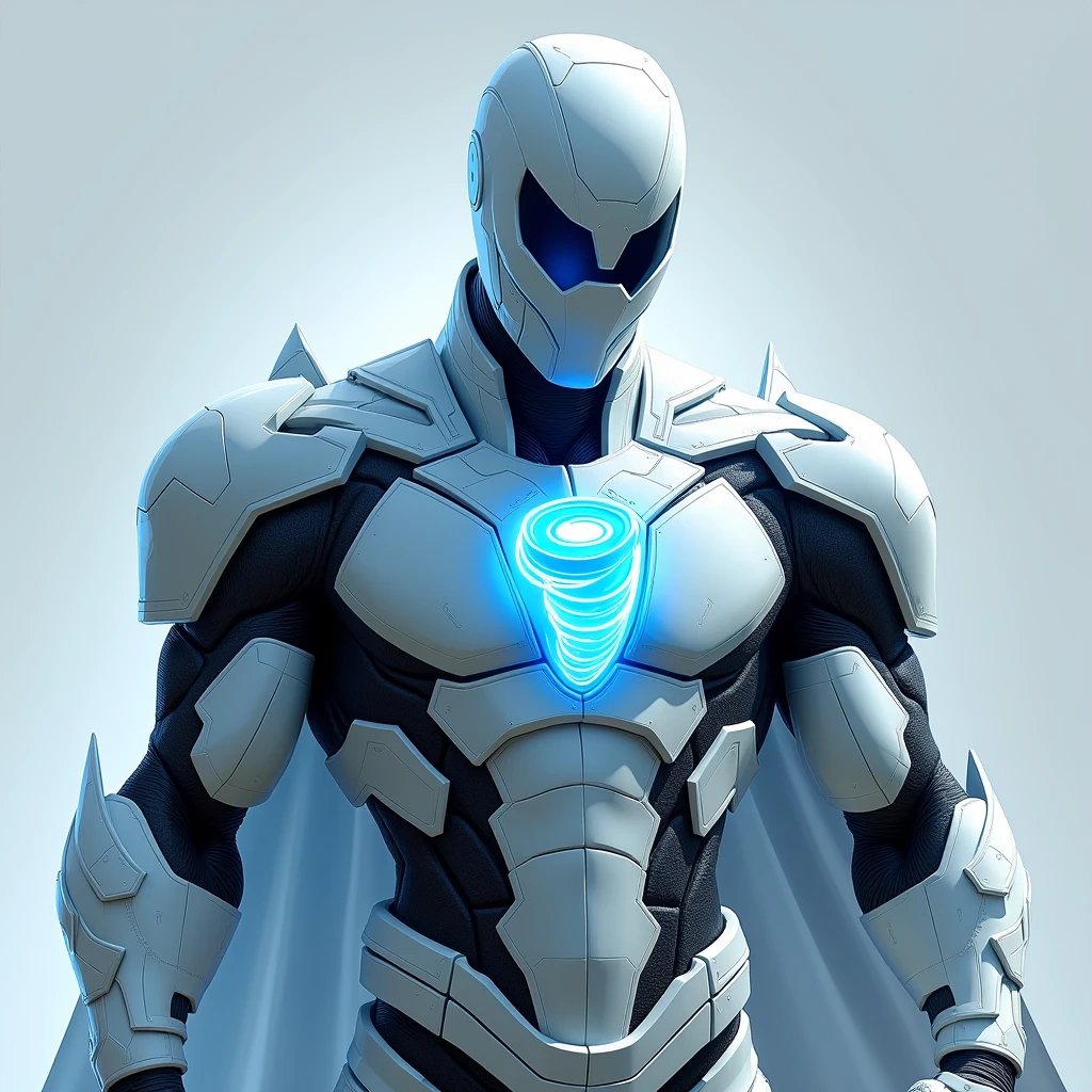 Stealthy armor, superhero, white suit, blue highlights, tornado logo