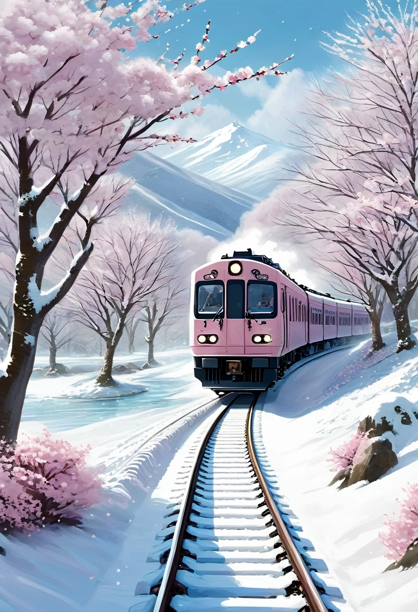 **Prompt:**
A tranquil winter scene of a train passing through a snowy landscape, with cherry blossoms gently falling through the air. The contrast between the delicate pink blossoms and the white snow creates a serene and enchanting atmosphere. The image should blend elements of realism with a touch of fantasy, capturing the harmony between the train, the falling blossoms, and the wintry environment —ar 2:3 —q 2 —v 5.1.