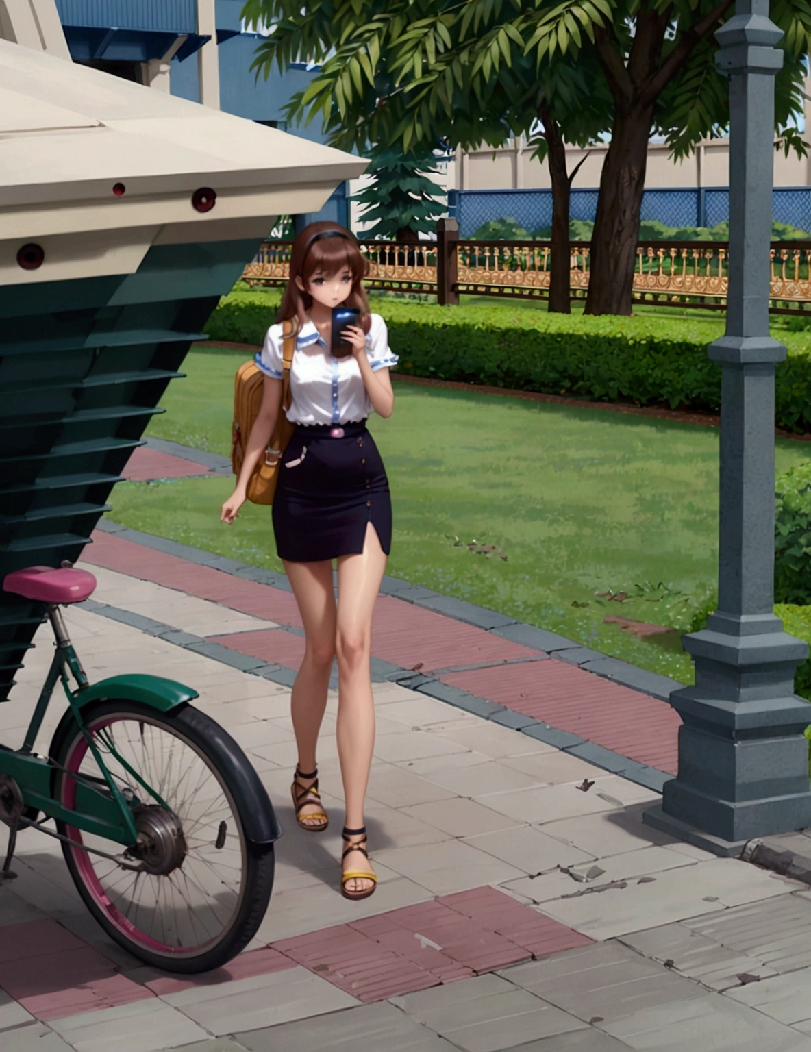 realistic anime illustration of beautiful college girl walking and holding a smartphone along the way to her capus, she is carrying orange-brown backpack, she has brown long hair , she wearing white short sleeve collared unbuttoned top shirt, black pencil skirt, and brown sandals, (1girl, solo, full body), (masterpiece, best quality, japanese anime style), (expressive eyes, perfect face)