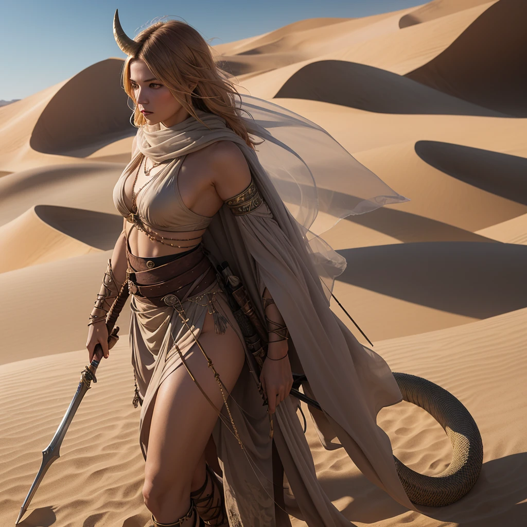 Wide, detailed and realistic exterior shot, ancient world gone, desert, sand dunes slightly red in the early morning sun. European type woman, modern warrior, metal bow and arrows, she walks pulling behind her a long metal chain with a large horned Komodo lizard attached. Graceful, slightly muscular, supple figure, short curly blond hair, fair skin. Young woman dressed in a simple short and light transparent veil. Rising sun, first rays of early morning, octane colors, the light plays on the transparency of the character's veil. 