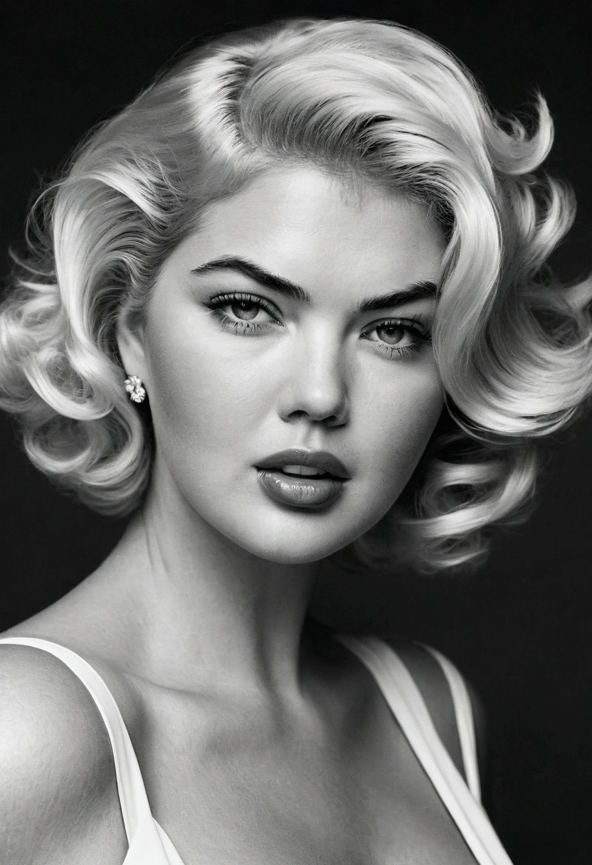 Kate Upton as Marylin Monroe, short hair, nude, black and white filter.