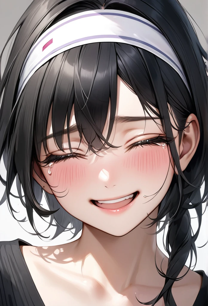 Ultra-realism、chest, solo, Black Hair、model、Shortcuts、Blushing, smile、Headband, tears、Close ~ eyes