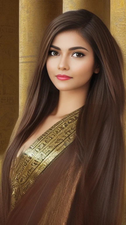 photo realistic woman, woman brown eyes, brown hair, ultrahd, surrealistic style, Egypt angel, demi-dieu, goddess , ultra detailed face, Hieroglyphics