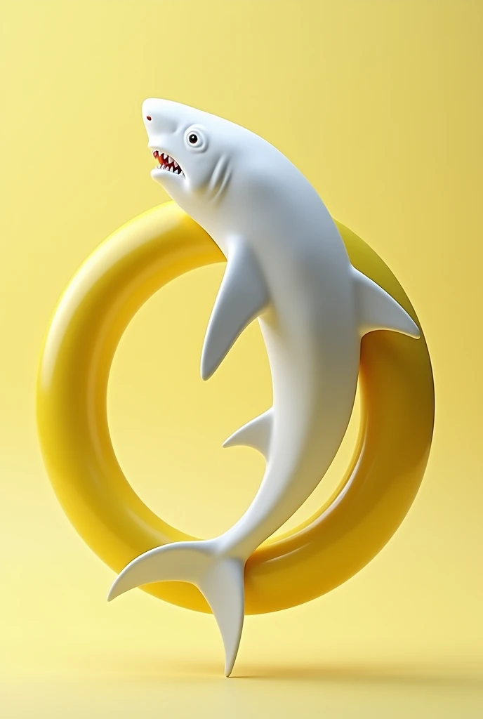 White shark sitting on a yellow ring striking a sensual pose