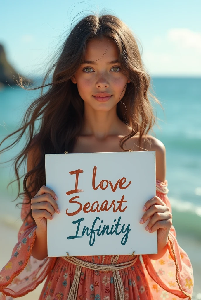 Beautiful girl with wavy long hair, bohemian dress, holding a white board with text "I Love Seaart Infinity" and showing it to the viewer