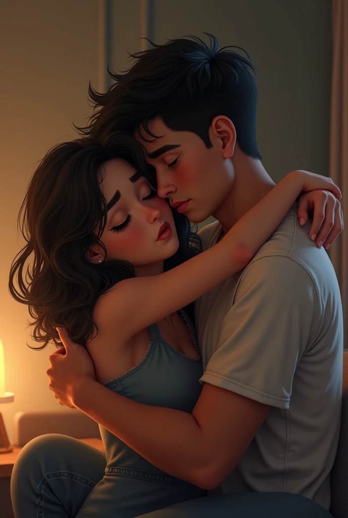 The friend hugs her friend to console him.