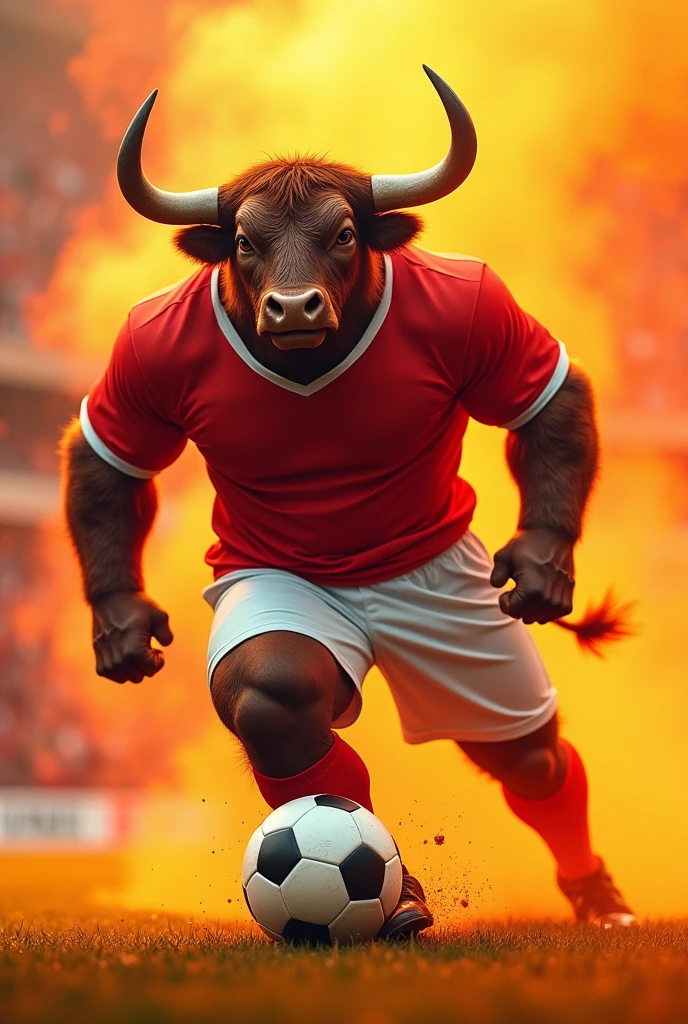 Happy, muscular brown adult bull in a orange sports uniform kicking a soccer ball.