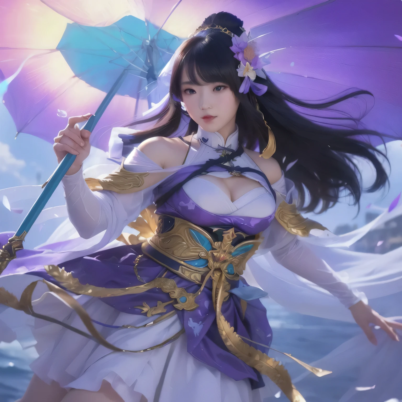a woman in a purple dress holding a blue umbrella, extremely detailed artgerm, style of artgerm, artgerm detailed, artgerm lau, by Yang J, in style of artgerm, full body xianxia, portrait knights of zodiac girl, heise jinyao, ! dream artgerm, yun ling