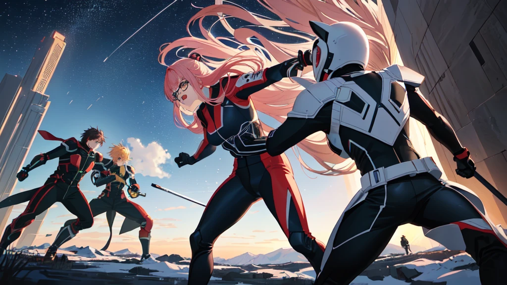 anime panel, 2 characters, fighting, chocking epic scene, tree in the background, main character, glasses, training suit, manga, artist manga quality