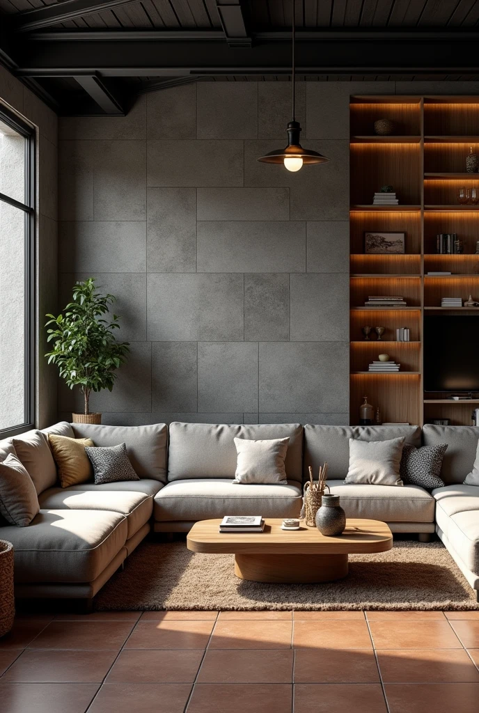 Living room with gray grooved paneling and brown ceramic floor, and black exposed beams