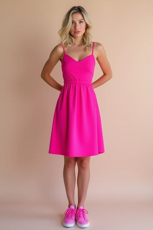 a pretty woman, 36 years old, blonde hair, Pink dress, pink sneakers, FULL BODY shot 