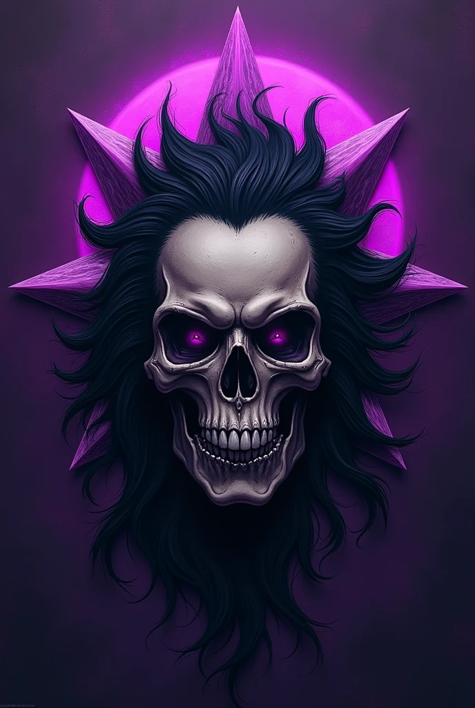 A flag with a purple star with a black-haired skull