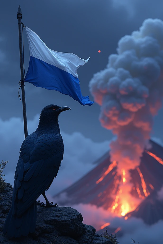 Blackbird zanate, using a white and blue flag, watching a landscape of an active volcano, at night.