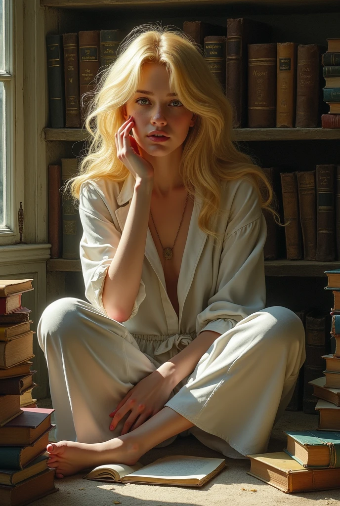 A person sitting in a chair with several books behind them, and they have blonde hair and I want artistic 