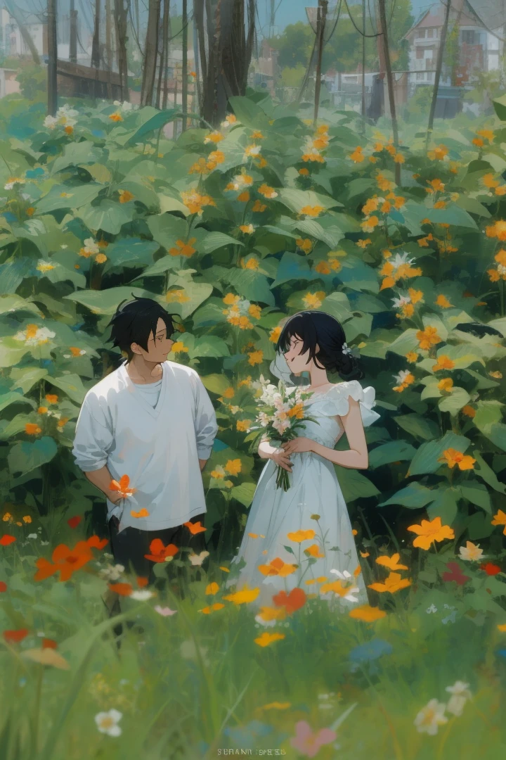 Couple standing, flower in background, anime style