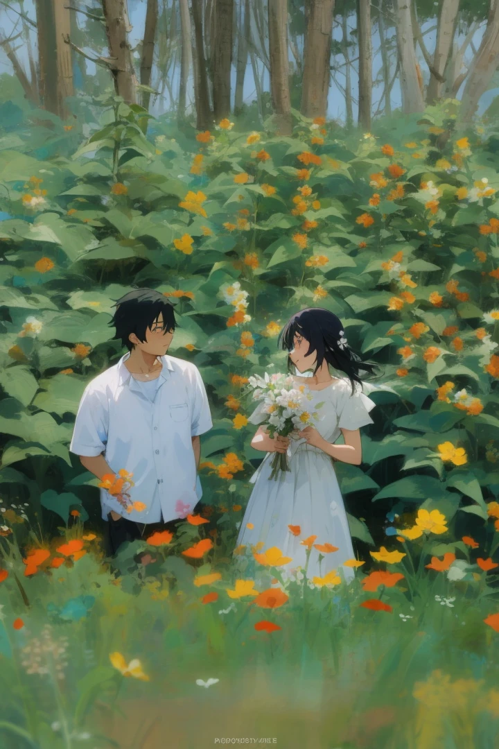 Couple standing, flower in background, anime style