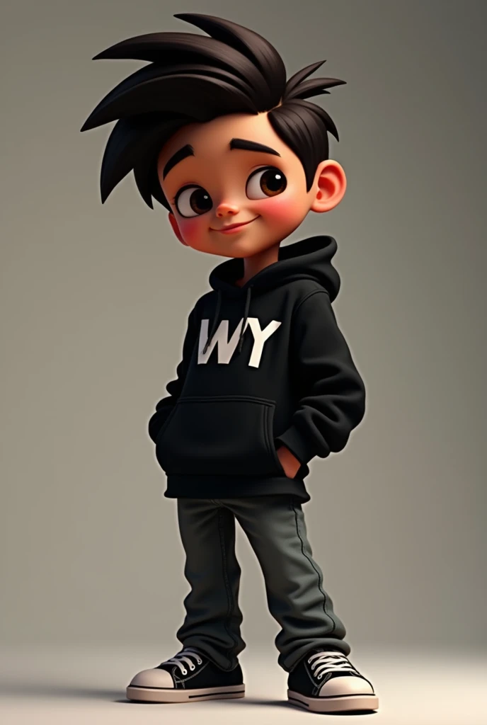 Disney Pixar (JOVEM NEGRO COM CABELor grande, cabelor pretor encaracorlador.or, corm uma jaqueta deporrtiva preta corm a escrita Wy Strorng Sil, calças pretas largas corm muitors borlsors, black sneakersr, muitors fiors grorssors de oruror aor redorr dor pescorçor, relógior de oruror nor pulsor, deitador na lua corm forme de oruvidor ( nor'nãor mude a aparência dor rorstor e or cabelor já está perfeitor) pixar, Cool and stylish