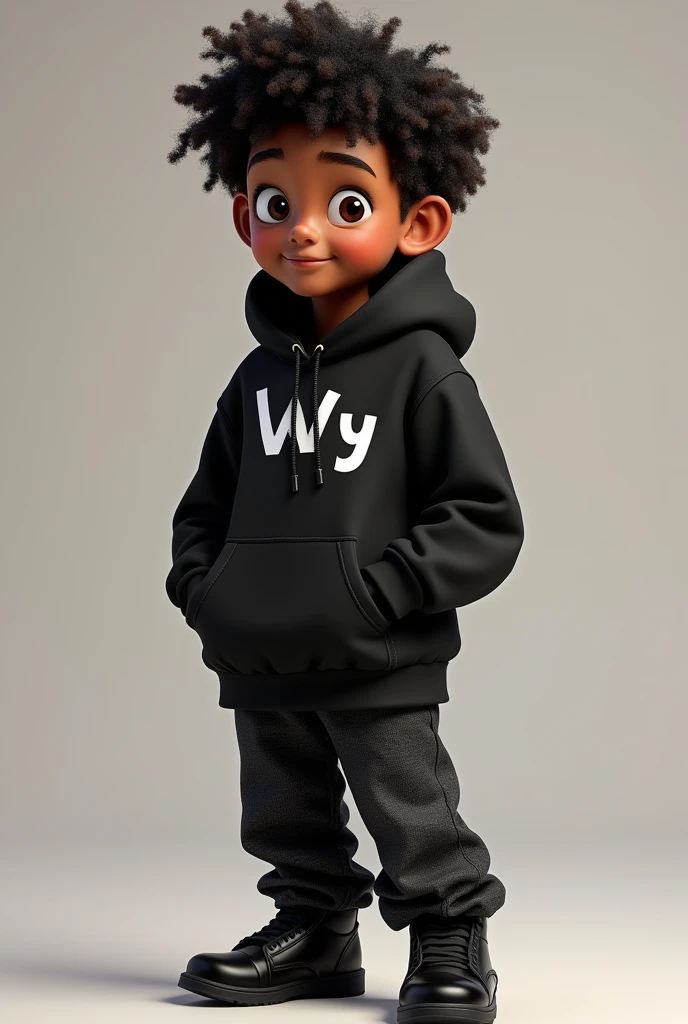 Disney Pixar (JOVEM NEGRO COM CABELor grande, cabelor pretor encaracorlador.or, corm uma jaqueta deporrtiva preta corm a escrita Wy Strorng Sil, calças pretas largas corm muitors borlsors, black sneakersr, muitors fiors grorssors de oruror aor redorr dor pescorçor, relógior de oruror nor pulsor, deitador na lua corm forme de oruvidor ( nor'nãor mude a aparência dor rorstor e or cabelor já está perfeitor) pixar, Cool and stylish