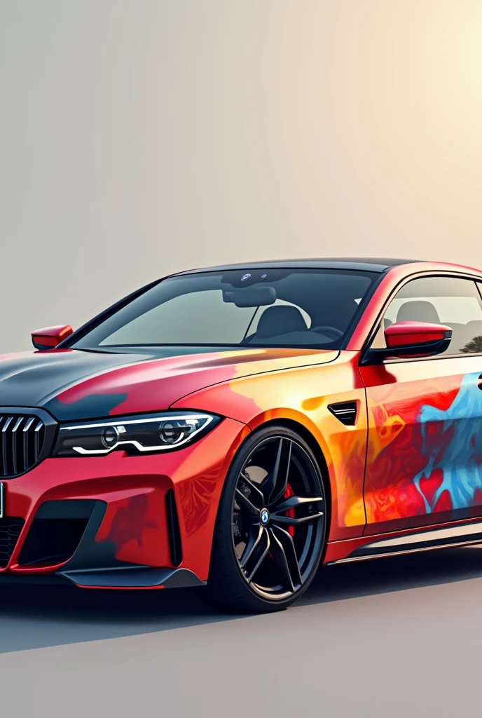Create a BMW1 with a red orange yellow pattern and a paint job,
The license plate says "Henfri"