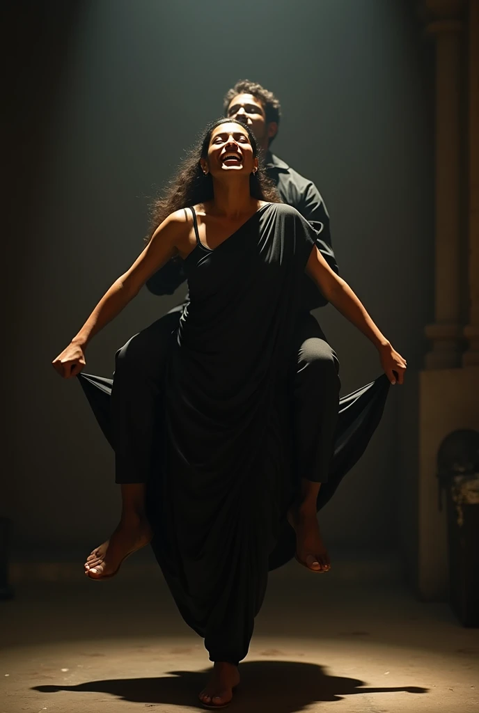 Create a scene where inside a room a fair, smiling and beautiful Indian woman in black satin salwar is carrying a large man on her shoulders, man is sitting on her shoulders , dynamic lighting