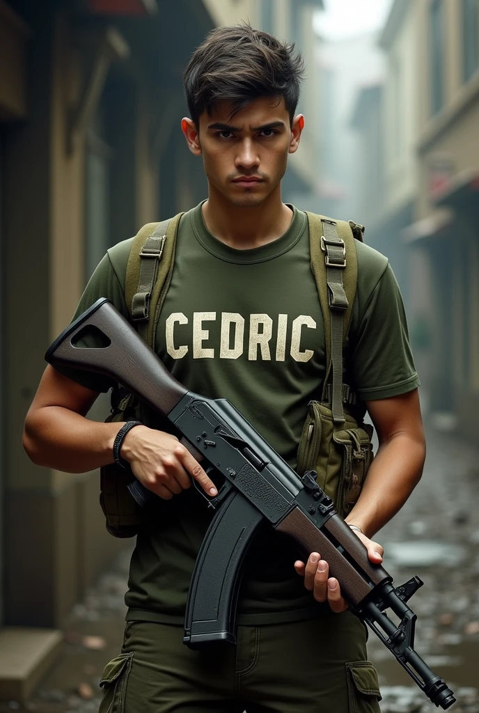 A young man is wearing a  army green t-shirt named "CEDRIC"chest and holding an AK47 