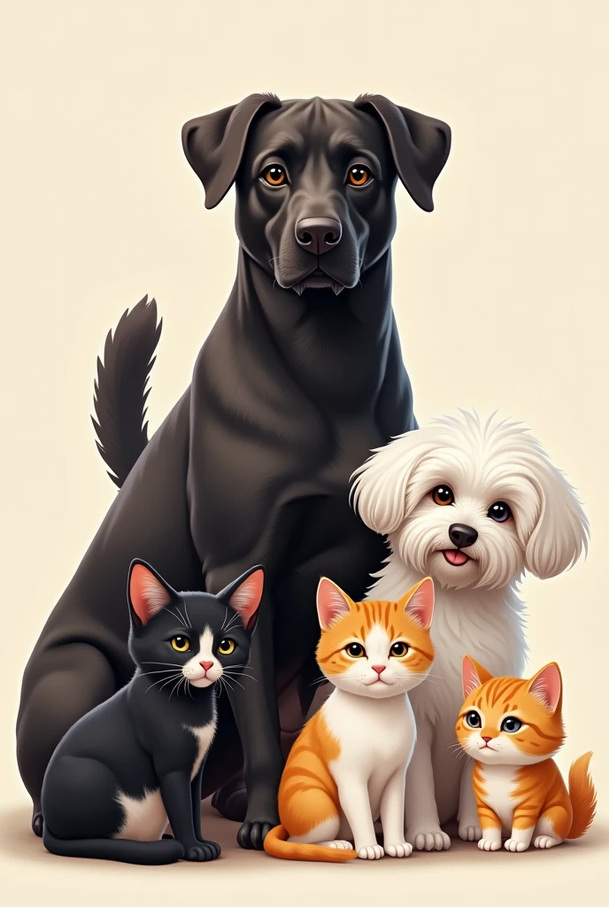 a medium sized black dog, a white Maltese dog, a tricolored cat, a black cat and a yellow and white cat