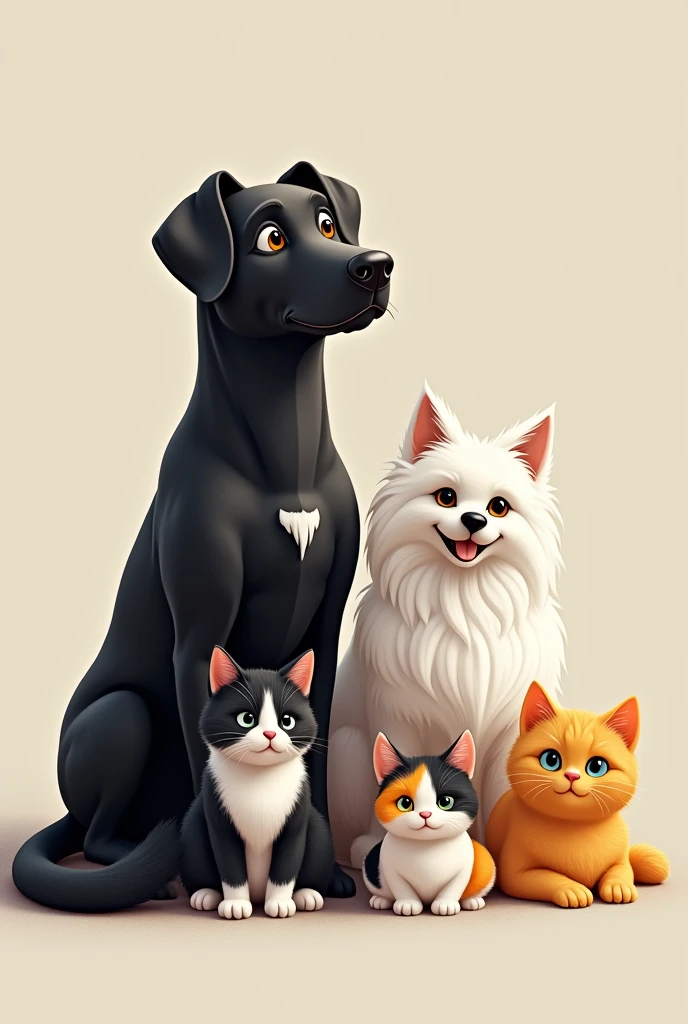 a medium sized black dog, a white Maltese dog, a tricolored cat, a black cat and a yellow and white cat