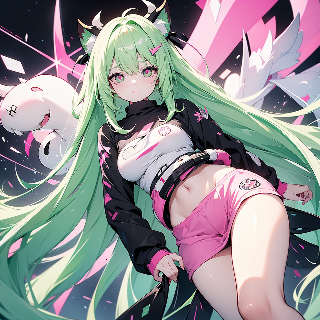Woman with long green hair, bangss. Small white horns with black markings. Pink eyes pupils. Two line-shaped marks below the eyes. medium breasts. Chubby legs with black symbols. Short white tail with some black symbols. ashamed. White sweatshirt with pink print From kitten 