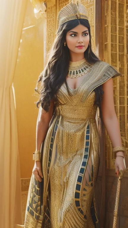 Image of a beautiful, detailed, ultra-realistic scene in which Cleopatra leads the Egyptian army into battle, in an Egyptian chariot. Detailed Egyptian weapons, ambiente de campo de batalha no deserto. Sunlight shines on their ornate Egyptian attire, creating a 4K cinematic atmosphere. Apparently Egyptian features and wavy hair, with clothes and ornaments of an Egyptian queen