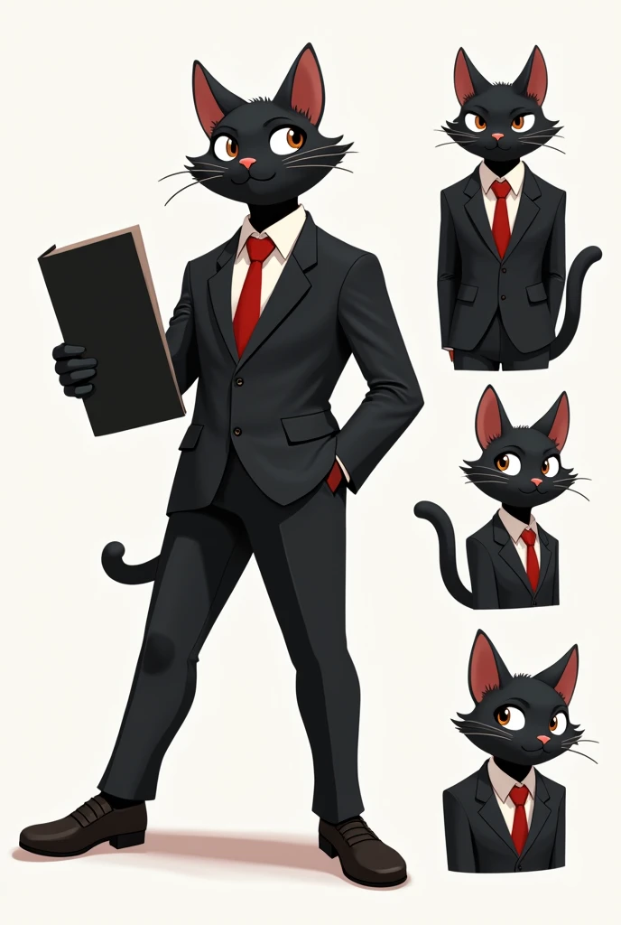 Create a black cat wearing a black suit, black dress shoes, and a red tie., he will have a body like a human but being a cat, Do it in different positions, Make it stylish digital art and minimal design., Leave it with more positions, make positions like thoughtful, enlightened, convinced, talking, make the eyes and mouth open and facade., Make his pupils look friendlier
