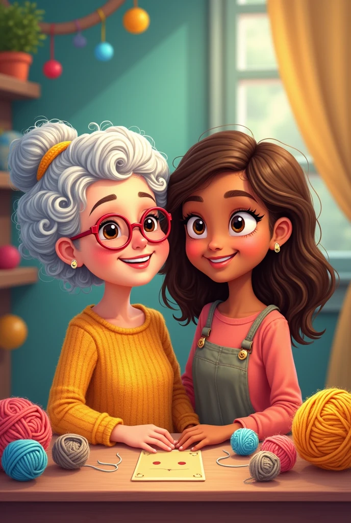 I would like to make a Logo for my and my grandmother's crochet shop , So I would like the logo to have a Disney-style animation of ours, My grandmother has light brown skin, curly hair and wears red glasses. I am a young adult, I have long brown hair, round face and merchant eyes. I wish we were smiling. it's a logo for an instagram page.