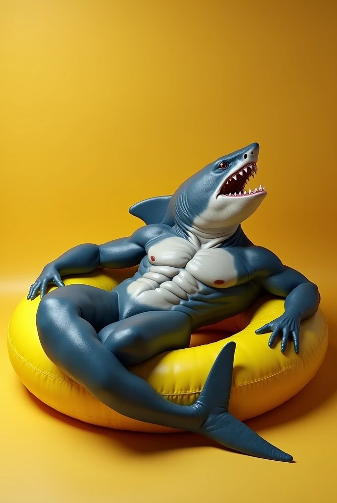 Buff shark sitting on the yellow ring striking a sensual pose 