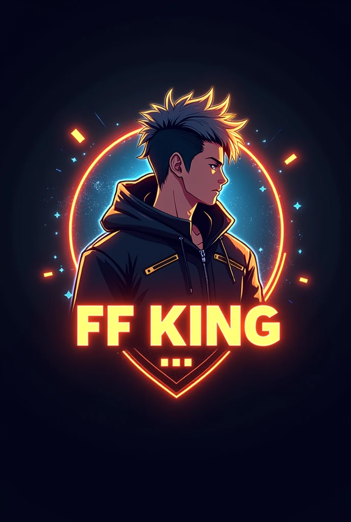 This is a  gaming logo that features the name “FF KING 
This is My Uid 9280536669 ” in a futuristic font and a neon Golden color. and Boy Anime avtar, The logo also has a stylized controller icon . The logo is designed to be attractive and eye-catching, and to appeal to  gaming enthusiasts and