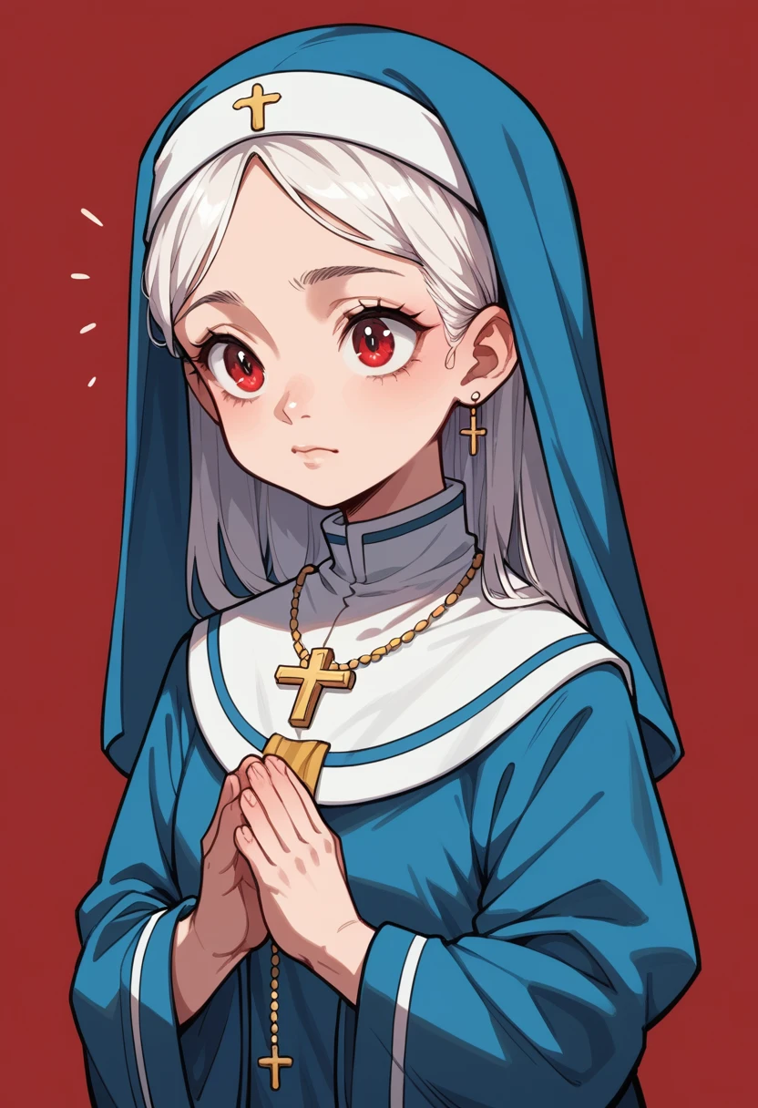 girl children REDHEADS WITH STRAIGHT HAIR ON HEAD TIES BLUE COLOR, PRAYING, RED BACKGROUND,