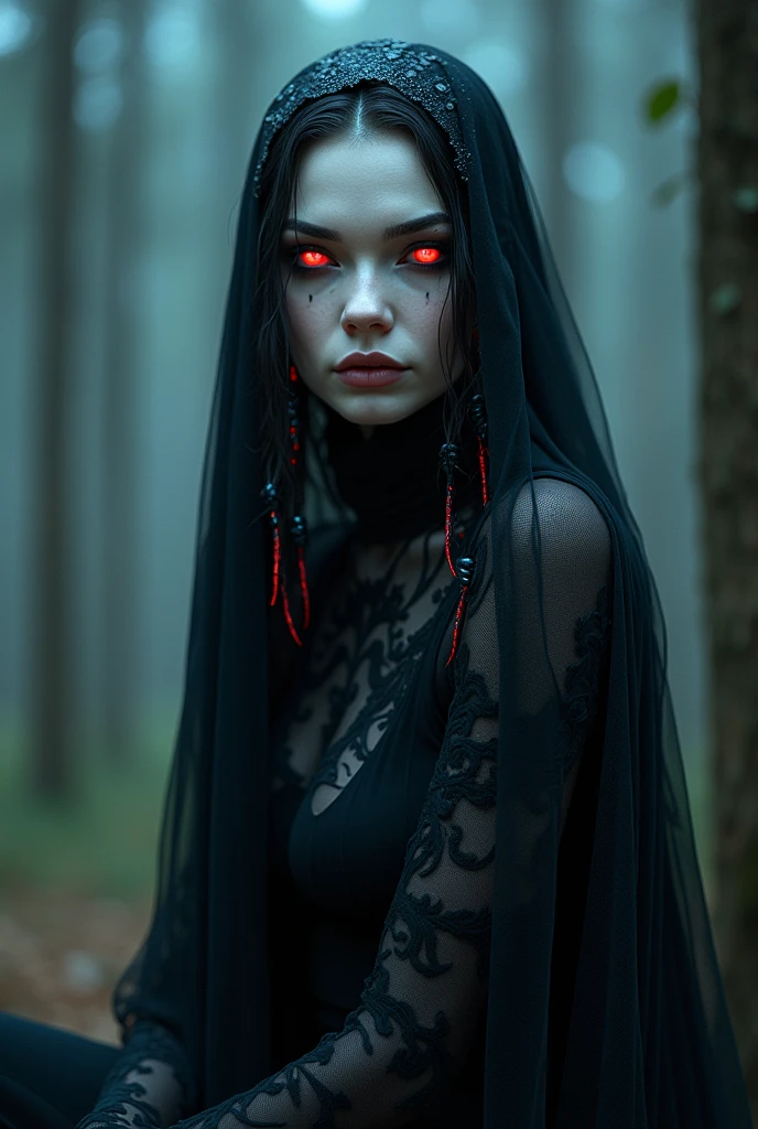 Fashionable of androgynous alien looking witch wearing veil, glowing eyes, beautiful evil slavic muscular woman, pale skin, long hair, light smile, futuristic design, minimal details, givenchy, photoreal, 200mm, hd, f/ 2.0, sitting in a gloomy spruce forest, highly detailed, surreal , drop dead, in the style of red and blue, (intricate details, hyperdetailed:1.15) (skin texture:1.2), cinematic, professional, 4k, (((dynamic model pose))), full body, mesmerizing, dynamic, dramatic, sensual, dynamic pose, highly detailed skin with hair, subcutaneous veins, light and shadow play, highly detailed,24mm photograph, film, bokeh, professional, 4k,