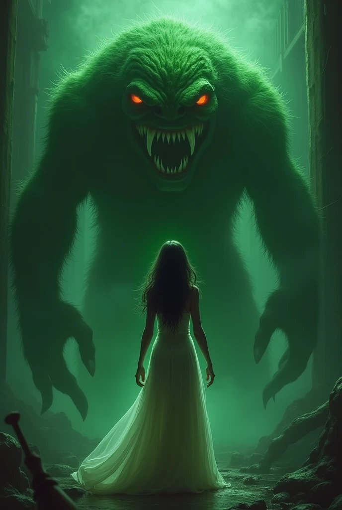 Beautiful woman afraid of a green monster
