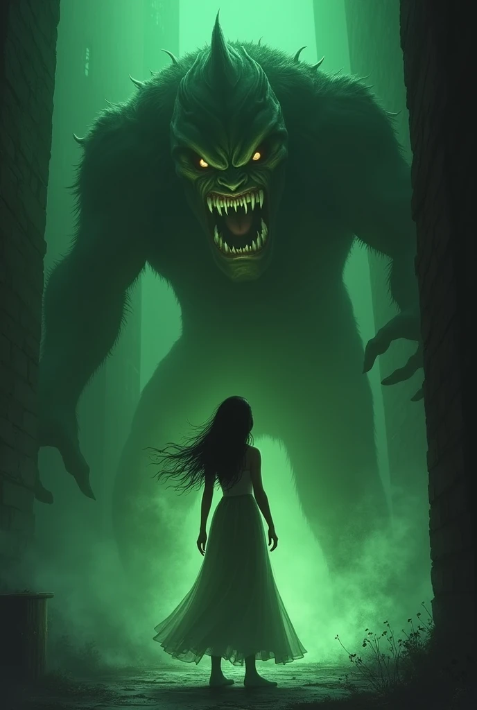 Beautiful woman afraid of a green monster 