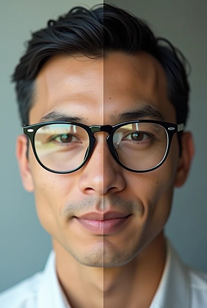 Anti-reflective lenses, for an advertisement I want an image of a person with two pairs of glasses, one with reflections and one without reflections to show the difference. The image should be attractive, clear and easy to understand to convey the benefits of anti-reflective lenses