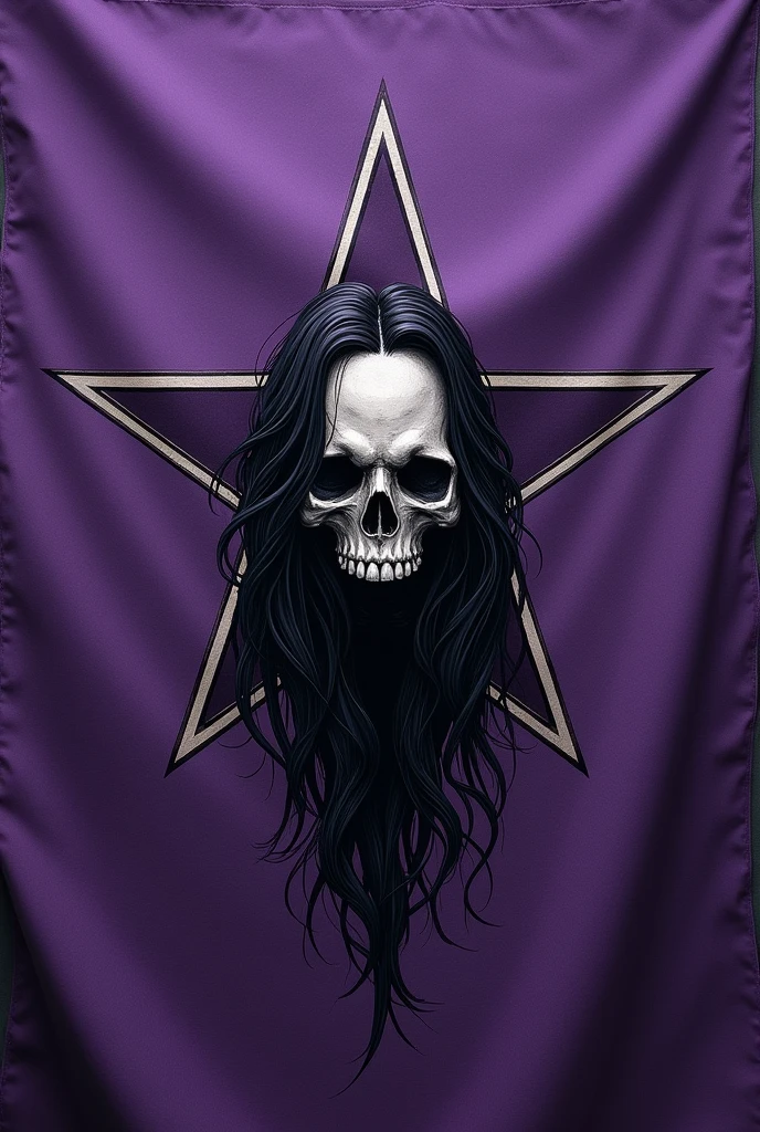 A flag with a purple star with a black-haired skull