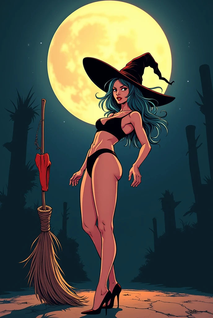 Woman with witch hat, in top and boxers, backwards, looking towards the full moon, with underwear hanging from a broom