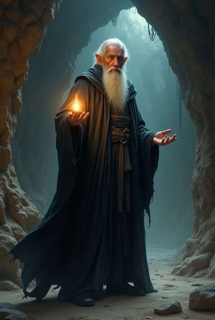 An old man in a black robe standing in a dark cave。Illuminate the surroundings with a lamp in your hand。