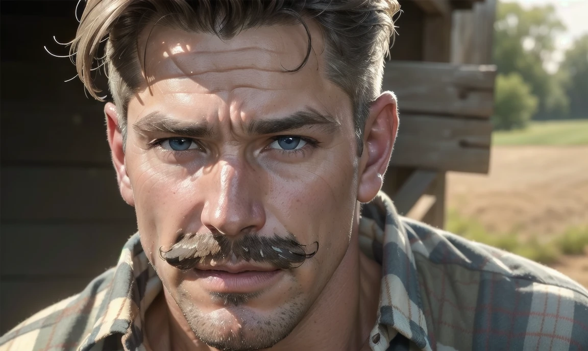 [((highly detailed, detailed eyes, detailed face, clear and realistic facial features, photorealistic, realistic light, cinematic)), ((((1 man)))), Mark is a handsome and alluring slender but muscular male farmer father aged 45 with short blond hair and a neat moustache and blue eyes and weathered skin, ((((middle-aged man)))), (((wearing a flannelette shirt))), ((((well-groomed moustache)))), ((sexy southern gay daddy farmer)), ((greying dark-blond hair)), (((heavily weathered sun-tanned face))), (((Mark has a seductive smirking look on his face and a slight blush on his cheeks))), There is a charming yet dry southern farm in the background, ((((expression of strong attraction on face))))]