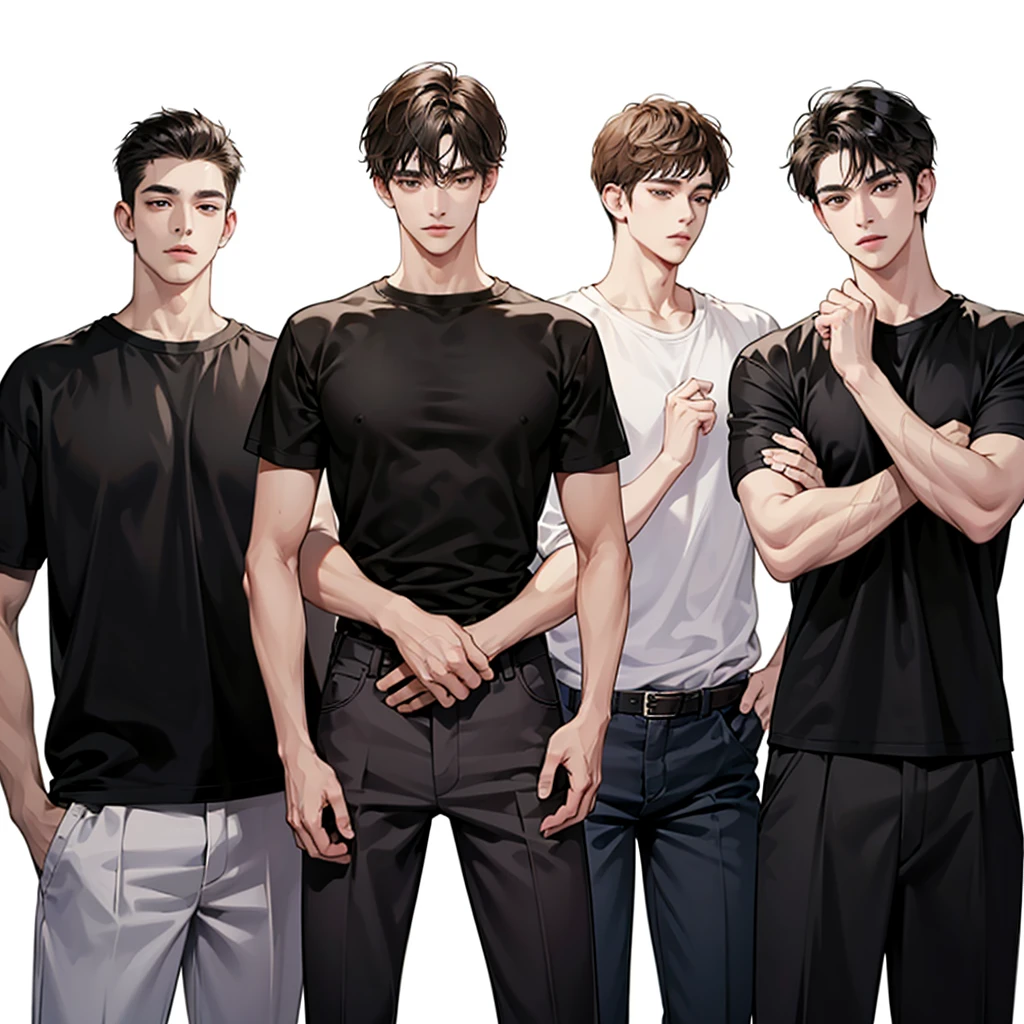 Four boys, black hair, brown eyes, simple background, high resolution, brown hair, stand in a line.., Wear a t-shirt, shut your mouth, handsome, cool,มองตรง