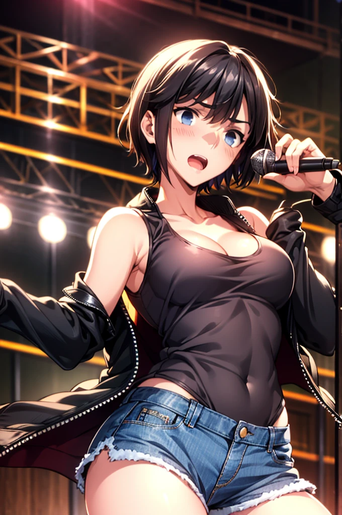 Masterpiece,Highest quality,8k,Ultra-high resolution,appropriate margins,Perfect hands,Perfect Fingers,Perfect human body,Perfect Eyes,((Cowboy Shot)),BREAK,Bright expression,(1 person),(The most beautiful woman),Slim body,((The most extraordinary breasts)),Cleavage,Moisturized Skin,Fair skin,BREAK,((Black Hair)),Side part,short hair,BREAK,Thin eyebrows,BREAK,Black eyes,BREAK,(Idol),(Tank top),(leather jacket),(Shorts),BREAK,Make eye contact with your audience,Embarrassing,((singing on stage)),microphone,Outdoor Stage