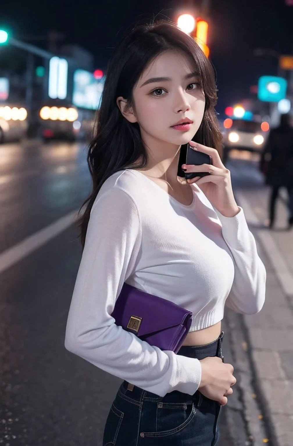 Scene Overview: A beautiful young Thai woman with fair skin and an oval face, aged 20-25, D-cup big breasts,
wearing a cute shirt.
and holding a phone in hand and red rose,
Visual Elements: Streets wet from rain, neon lights reflecting on the pavement
Lighting and Colors: Vibrant yet isolated, blues and purples dominate
Dynamics and Motion: The young woman holding a red rose on the road
Focus and Background: Focus on the young woman holding a phone in hand
 on the road, with city life blurred in the background
Emotion and Atmosphere: A profound sense of the young woman holding a phone in hand, amidst the vibrant city. Expressive and poignant scenes with a focus on the young woman and a hand phone, set against a backdrop of modern technology and urban spaces. The visuals should convey a deep sense of yearning and emotional struggle, with muted colors and dramatic lighting to enhance the mood.