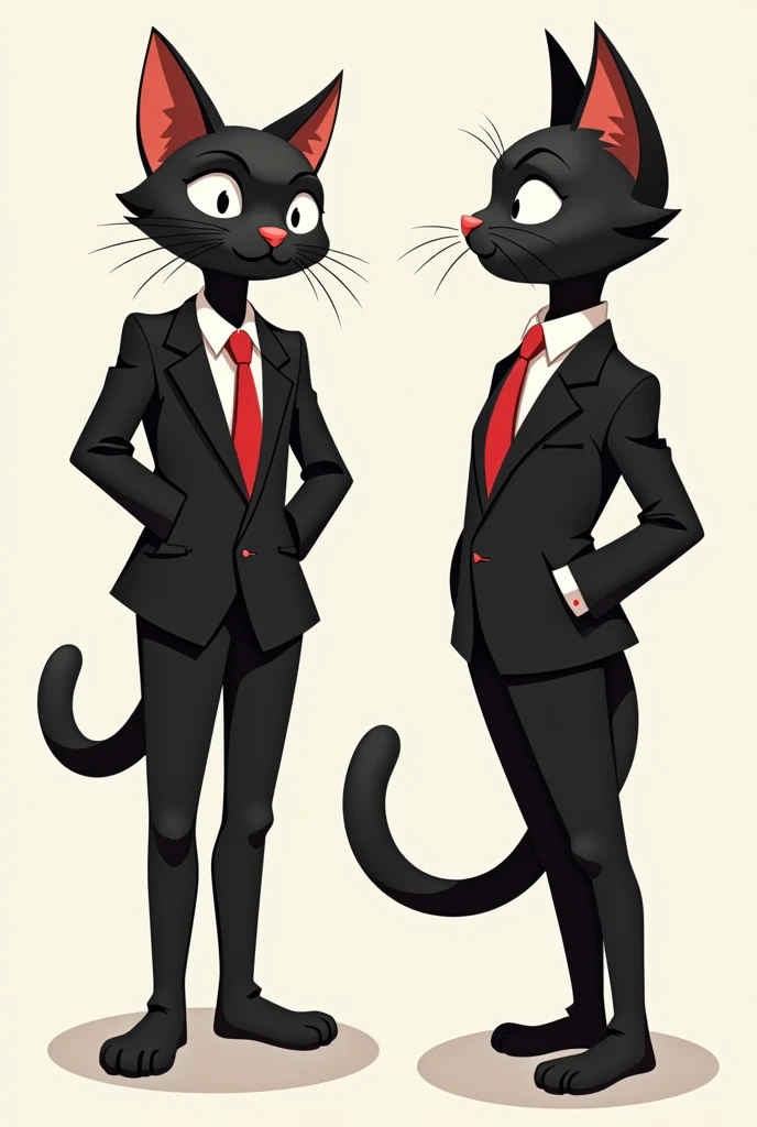 Create a black cat wearing a black suit, black dress shoes, and a red tie., he will have a body like a human but being a cat, Do it in different positions, Make it stylish digital art and minimal design., Leave it with more positions, make positions like thoughtful, enlightened, convinced, talking, make the eyes and mouth open and facade., Make his pupils look friendlier