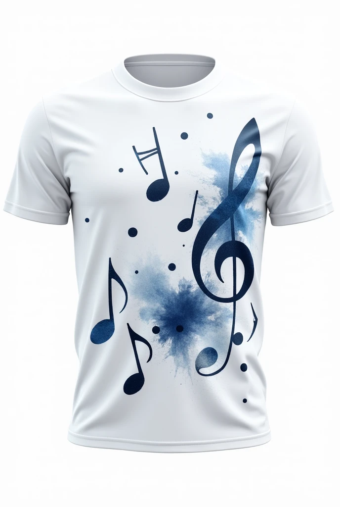 a white t-shirt mockup of the front with musical notes with dark blue details in a watercolor effect