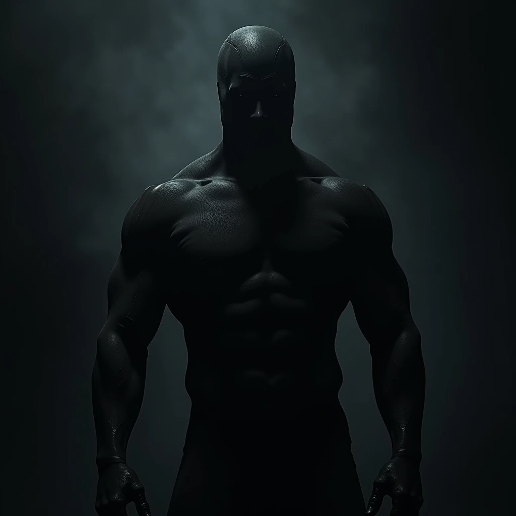 A muscular man wearing a black full-body suit that covers his face.