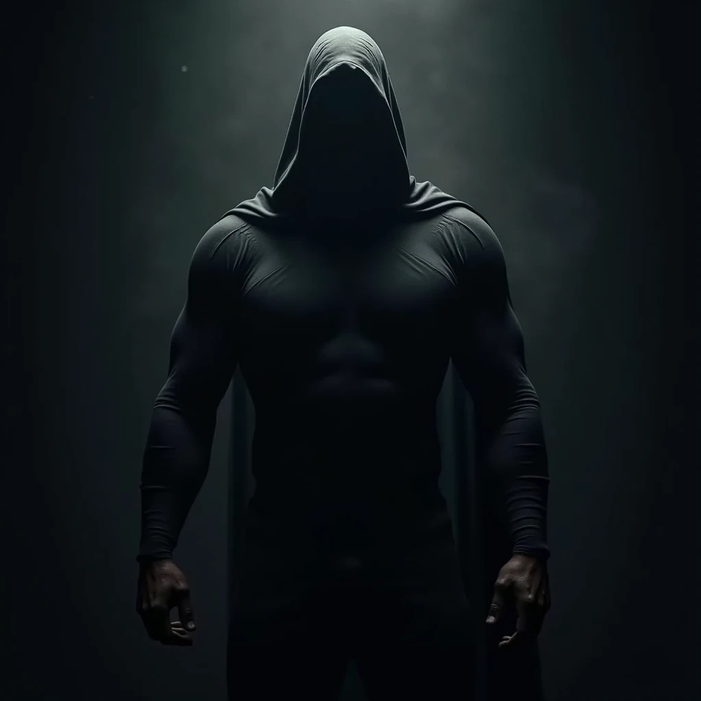 A muscular man wearing a black full-body suit that covers his face.