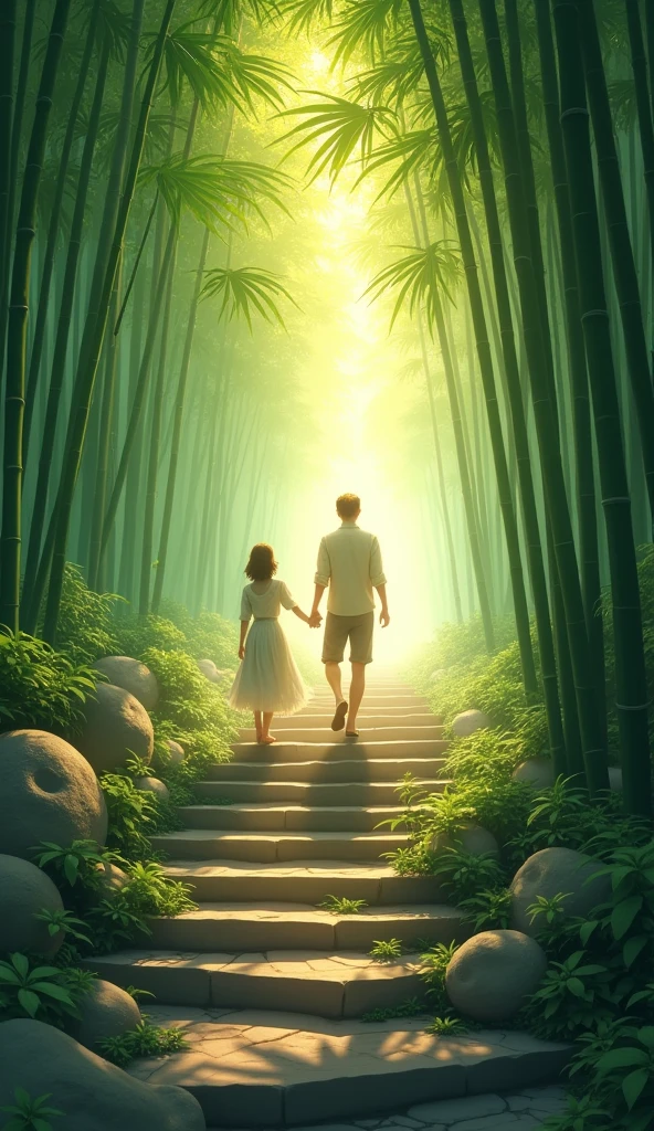 The sunbeams pierced through the emerald bamboo canopy, illuminating the winding stone steps. Two figures, hand in hand, ascended, their laughter echoing amidst the rustling leaves. A promise of discovery lay ahead, where the path met the golden horizon